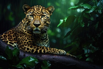 A leopard perched on a rain-drenched tree branch, showcasing its strength and adaptability in its natural habitat, leopard or panther on a tree in the monsoon green jungle, AI Generated