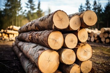 Fototapeta premium A picturesque scene capturing a pile of logs sitting peacefully on the forest floor, Log trunks pile, Wooden trunks pine, Logging timber wood industry, AI Generated