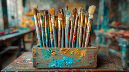 Assorted paint brushes in a wooden holder in an art studio