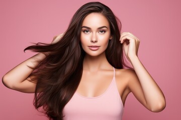 Obraz premium A woman wearing a pink tank top strikes a pose for a camera capture, Long hair woman hand touching hair smooth brunette hairstyle model isolated pink background, AI Generated