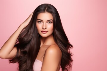 Fototapeta premium Woman With Long Hair Posing for a Picture, Elegant and Confident Portrait, Long hair woman hand touching hair smooth brunette hairstyle model isolated pink background, AI Generated
