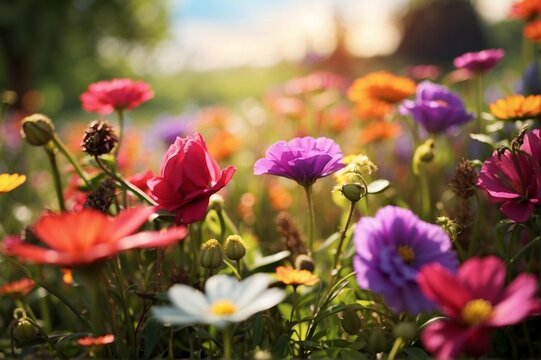  a vibrant and picturesque image of a vast field filled with diverse and colorful flowers