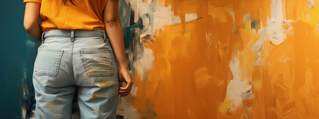 Girl in blue jeans facing an orange wall with messy brush strokes texture. Renovations, painting, paint work. Copy space.