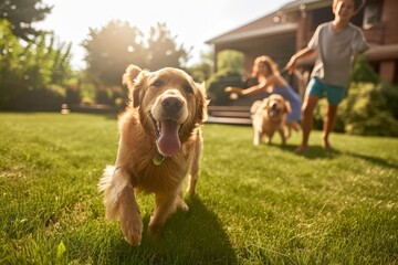 a beautiful family of four, all smiles, playing catch with a flying disc on their backyard lawn. A happy golden retriever joyfully joins the game - obrazy, fototapety, plakaty