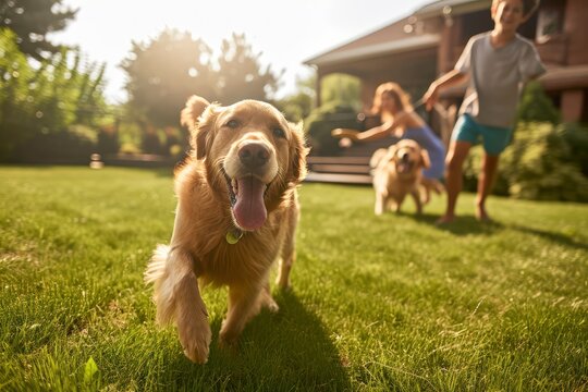 a beautiful family of four, all smiles, playing catch with a flying disc on their backyard lawn. A happy golden retriever joyfully joins the game