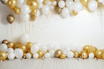 Fototapeta na wymiar The room is adorned with numerous white and gold balloons, creating a vibrant and joyous atmosphere, Glam New Years Eve celebration white and gold background with balloons, AI Generated