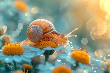 Beautiful little snail sleeps on a flower in spring. Small snail on a flower in soft, sweet tones in a composition of peace and fantasy. - obrazy, fototapety, plakaty