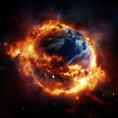 The earth bursts with fire as global warming causes the climate to change, space view of the world burning 