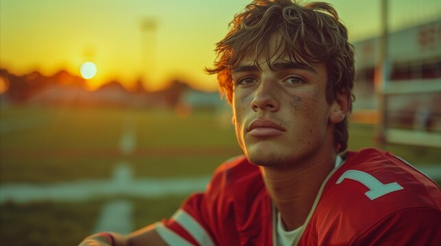 Serious young football player in red jersey at sunset on the field