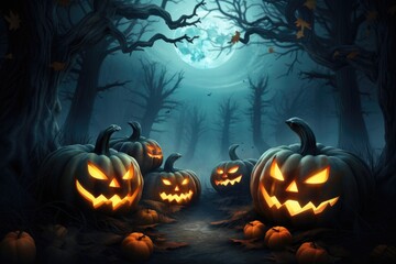 A spooky group of carved pumpkins known as Jack o Lanterns, placed in the enchanting ambiance of the woods, Gloomy and scary background for Halloween, AI Generated
