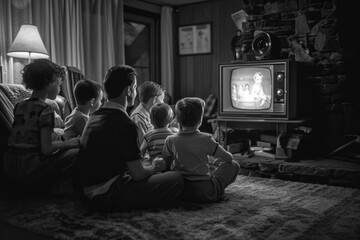 Journey to the Past: A Heartwarming 1970s and 1960s Holiday TV Special, Where a Family Gathers Around the black and white Television - obrazy, fototapety, plakaty