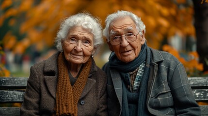 Senior couple enjoying autumn day sitting together on a park bench