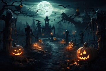 A spooky Halloween scene featuring pumpkins and a full moon, casting an eerie glow on the surroundings, Gloomy and scary background for Halloween, AI Generated