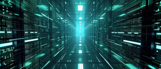 Fototapeta premium Envision a visually captivating server room, Rows of high-tech servers neatly organized in racks create a sleek backdrop.