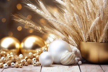 Vase Filled With White and Gold Ornaments, Gold christmas balls, white baubles with dry grass, festive table decoration of Xmas celebration, AI Generated