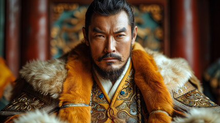 Portrait of asian ancient emperor Genghis Khan (AI generated). - obrazy, fototapety, plakaty