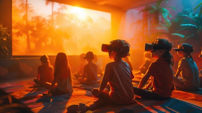 Virtual Reality Education, kids in colorful VR classroom, interactive and dynamic.