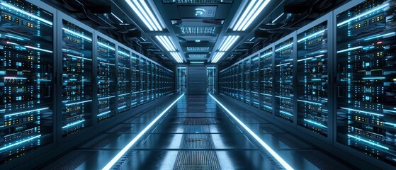 Envision a visually captivating server room, Rows of high-tech servers neatly organized in racks create a sleek backdrop.