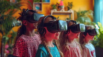 Virtual Reality Education, kids in colorful VR classroom, interactive and dynamic.
