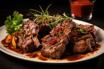 A mouth-watering combination of meat and vegetables served on a white plate, making for a healthy and satisfying meal, grilled lamb chops glazed with a thick savory sauce, AI Generated