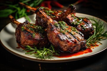 A delicious dish of meat on a white plate, smothered in a flavorful sauce, grilled lamb chops glazed with a thick savory sauce, AI Generated