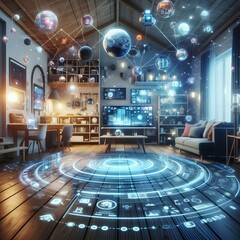 Showcase the power of the Internet of Things with a visually stunning image of a smart home filled...