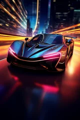Peel and stick wall murals Highway at night Futuristic sportcar on neon highway