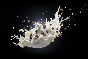 a milk splash with chocolate chips - obrazy, fototapety, plakaty