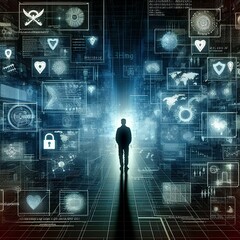 A silhouette of a person standing in front of a giant digital screen with a flow of data showing various cyber threats and vulnerabilities