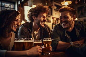 A lively group of individuals sitting at a table, enjoying refreshing beers, engaging in conversation and socializing, Group of cheerful friends with beers at the bar, AI Generated - obrazy, fototapety, plakaty