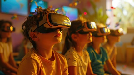 Virtual Reality Education, kids in colorful VR classroom, interactive and dynamic.