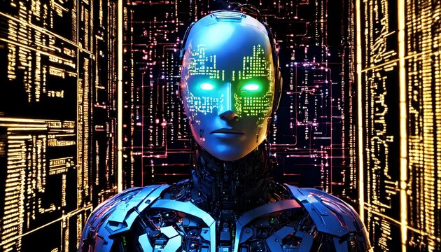 Anonymous robot hacker surrounded by a network of glowing data Cybersecurity Cybercrime Cyberattack. - Powered by Adobe