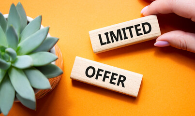 Limited Offer symbol. Concept word Limited Offer on wooden blocks. Businessman hand. Beautiful...