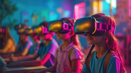 Virtual Reality Education, kids in colorful VR classroom, interactive and dynamic.