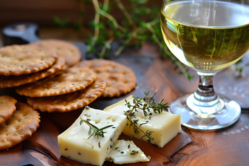 Asiago cheese, from Italy, paired with Herb-infused crackers and a Pinot Grigio, creates a harmonious blend of the nutty Asiago, and the herbal notes of the crackers