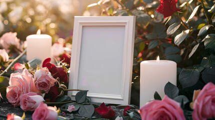 An empty frame for a photo or text near a funeral memorial with candles and flowers