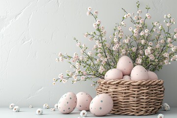 Easter background with eggs and spring flowers in the basket on white