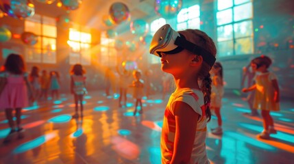 Virtual Reality Education, kids in colorful VR classroom, interactive and dynamic.
