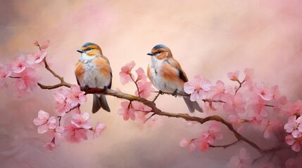 Fototapeta premium A pair of lovebirds perched on a blooming branch, with space for text placement amidst the vibrant blossoms and the tender avian moment. - Generative AI