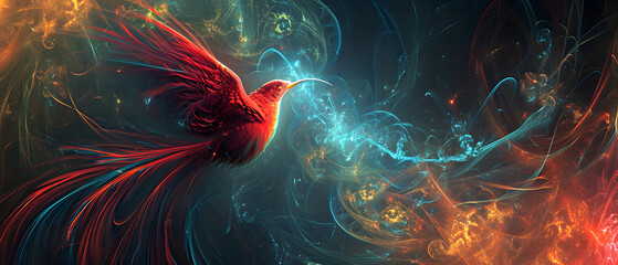 A vibrant fractal creation takes flight, its crimson feathers and elongated beak slicing through the air with graceful precision