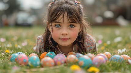 Cute girl lying on grass with colorful easter eggs during springtime