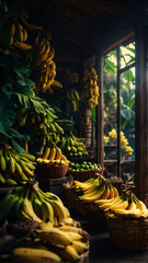 Bunch of fresh bananas in a basket on a market stall