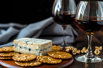 Blue cheese, a global favorite, combined with Walnut crackers and a Port wine, delivers a bold fusion of the pungent Blue cheese, the earthy crunch of Walnut crackers, and the sweet Port wine - obrazy, fototapety, plakaty