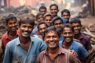 A diverse group of men is gathered together, standing side by side, Group of poor but happy smiling Indian or bangladesh workers, AI Generated - obrazy, fototapety, plakaty