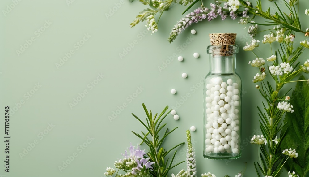 Wall mural banner showing homeopathic beads in a glass bottle on a light green background, copy space, backgrou