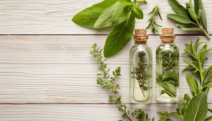 bottles with homeopathy herbs on a wooden background, copy space