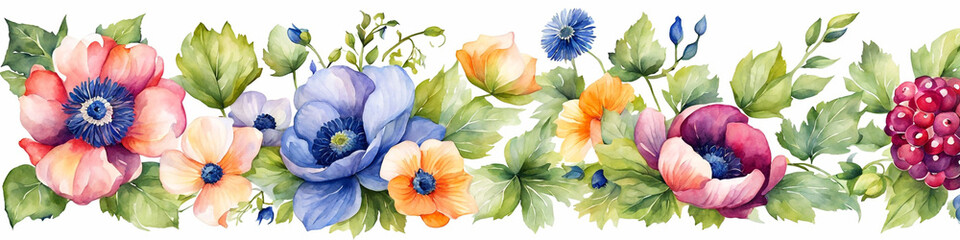 This is a beautiful watercolor painting of various types of flowers and leaves. The flowers are vibrant and detailed, showcasing different stages of bloom amidst lush greenery.