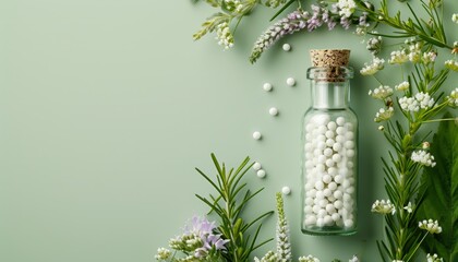 banner showing homeopathic beads in a glass bottle on a light green background, copy space, background, herb, flower - obrazy, fototapety, plakaty