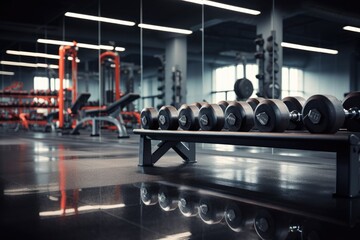 Fototapeta na wymiar A lineup of dumbbells in a gym, providing the necessary tools for effective strength training and muscle development, Gym Equipmend Dumbells in a Gym, Fitness Space, AI Generated