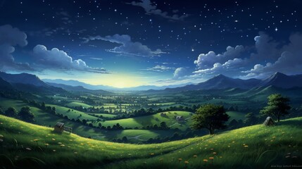 Fototapeta premium A peaceful countryside scene with rolling hills and a starry night sky, capturing the serene ambiance of a nighttime rural landscape. - Generative AI
